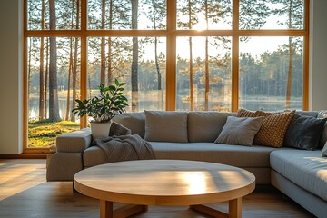 A mid century modern interior in a residential living room with windows and a sofa and table. Generative AI
