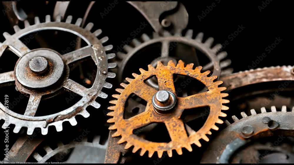 Poster close-up of mechanical gears highlighting rust and intricate details