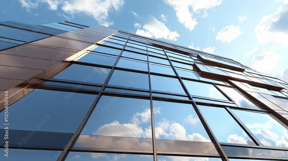 Poster ultra-realistic 3d rendering of high-rise building corner with dark steel windows, cloud reflections