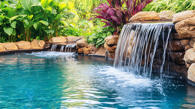 A close-up of water cascading over smooth stones into a serene swimming pool, surrounded by vibrant flora 