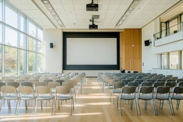 Fototapeta premium Modern conference room with empty seats and large presentation screen