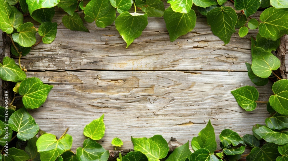Poster illustration of green leaves arranged around and with space for text, for use in designing and prese