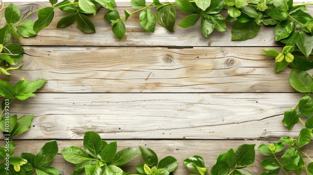 Poster illustration of green leaves arranged around and with space for text, for use in designing and prese