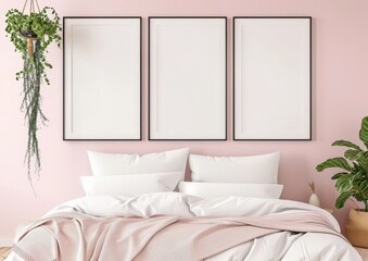 A pink bedroom interior with a white bed. pink blanket. and three empty picture frames on the wall above A plant hangs from the ceiling and another is on a side table