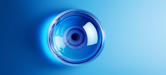 The striking blue eye rests within a shiny round lens, bathed in gentle blue light, drawing the viewer into a world of wonder and intrigue. Generative AI