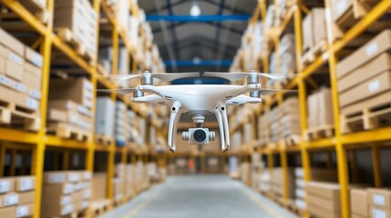 Fototapeta premium A drone hovers in a spacious warehouse filled with stacked boxes, showcasing modern logistics and technology in inventory management.