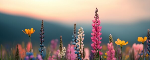 Obraz premium Colorful wildflowers blooming in a meadow under a beautiful sunset.