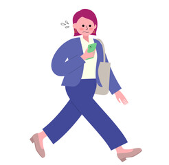 パンツスーツを着てパンプスを履いた女性スマホを見て焦った顔をして歩く全身のイラスト