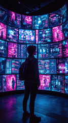 Obraz premium person stands in awe before futuristic job portal, surrounded by vibrant holographic screens displaying data and visuals. atmosphere is immersive and tech driven, evoking sense of wonder and