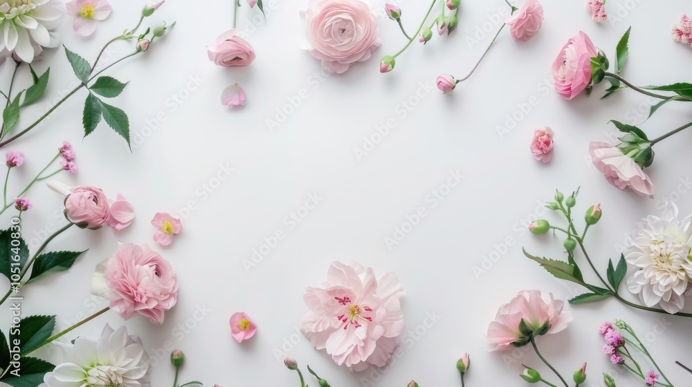 Poster a cute and colorful flower image, beautifully arranged on a white background for text insertion. des