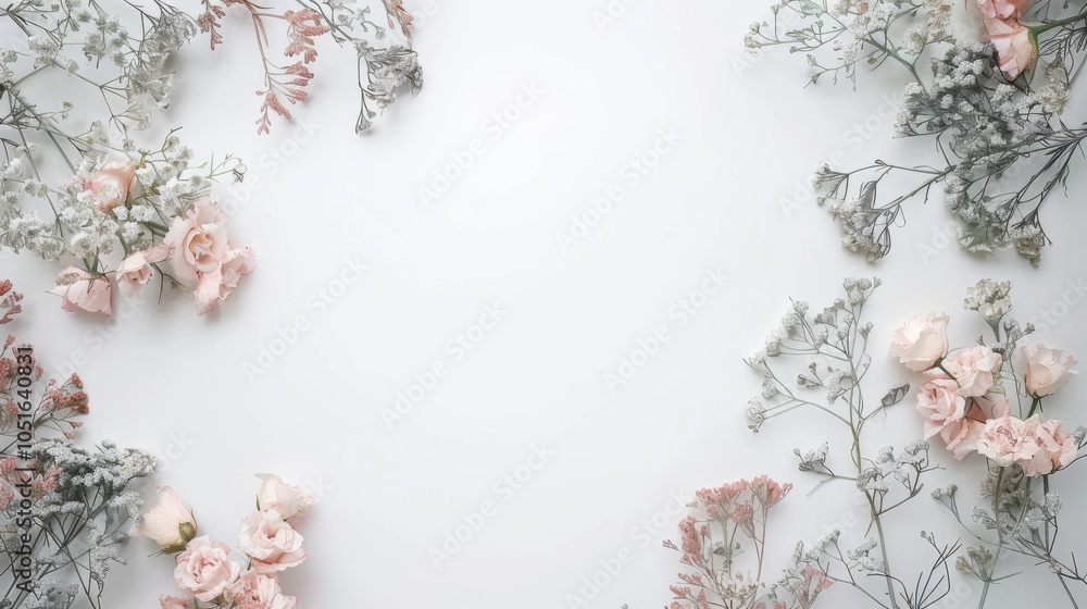 Poster a cute and colorful flower image, beautifully arranged on a white background for text insertion. des