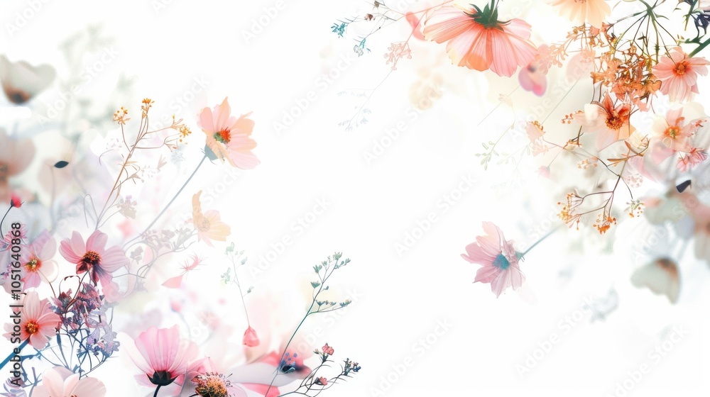 Poster a cute and colorful flower image, beautifully arranged on a white background for text insertion. des