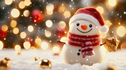 Fototapeta premium Cheerful Snowman in a Soft Snowy Background