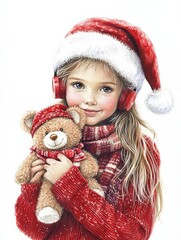 Cheerful girl in Christmas attire holding a teddy bear