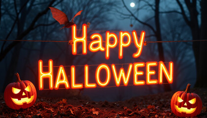 A neon sign reading "Happy Halloween" hangs on a wire in the center of a foggy forest. The sign is illuminated in orange, and two jack-o'-lanterns with carved faces sit on the ground in front of it. 