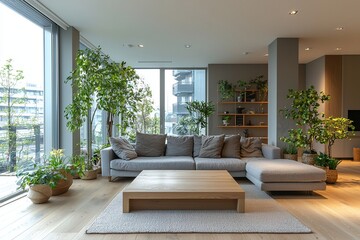 Fototapeta premium Mid century Modern interiors in the living room with a sofa and table and windows in view. Generative AI 