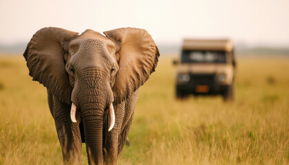 Fototapeta premium Elephant in the wild, majestic creature in natural habitat, grassland setting with safari vehicle in background.