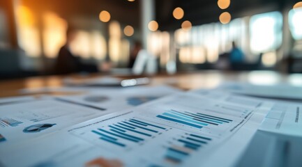 Charts and reports lie on a well-lit office table, indicating business analytics, while a blurred backdrop captures workplace conversations and tasks.