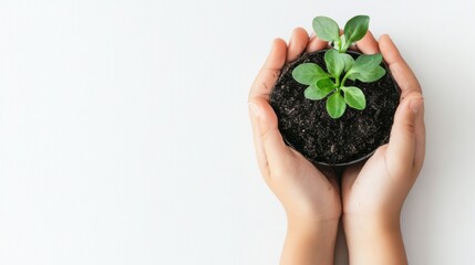 Close-up photo of a hand holding soil and a tree sapling on a white background. There is space for text, conveying the concept of saving the world, nature, and planting trees.