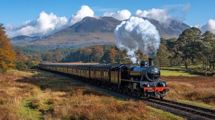 Steam Locomotive Traveling Through Autumnal Landscape with Mountains in the Background