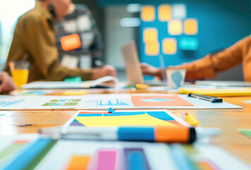 Fototapeta premium Charts and reports lie on a well-lit office table, indicating business analytics, while a blurred backdrop captures workplace conversations and tasks.