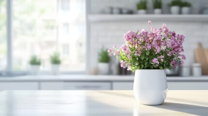 A vibrant planter on a sleek white kitchen counter enhances minimalist design, ideal for home décor photography with ample copy space for product displays, adding natural elegance to any space.