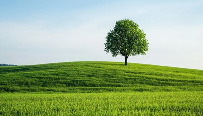 Fototapeta premium Lone tree on a hill, surrounded by vibrant green grass under a clear blue sky.