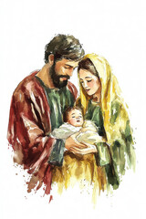 The painting depicts Mary, Joseph and the baby Jesus in a peaceful and holy scene, with Mary cradling Jesus in her arms and Joseph standing protectively by their side.AI generative.