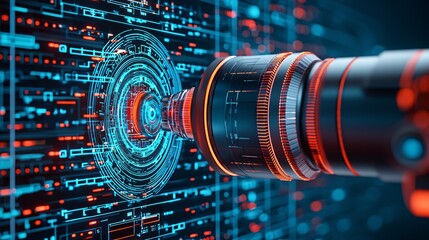 Cyber expert in futuristic monitoring room, close-up, industrial design, high-quality DSLR, macro lens