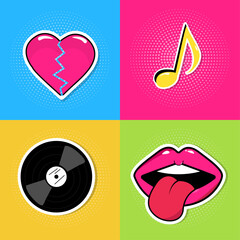 Vector illustration of a set of  pop art stickers. Trendy 90s retro vector stickers, cool funny icons.