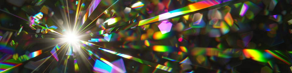 Bright, multi-colored rays on a black background. Abstract background for banner.
