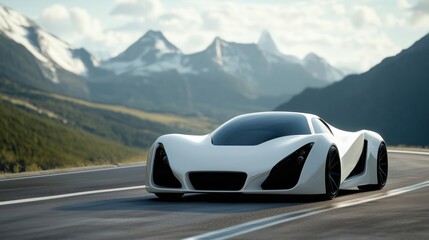 Naklejka premium Futuristic white sports car on mountain road, sleek design, scenic backdrop