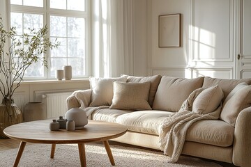 Fototapeta premium Minimalist, modern Scandinavian interiors in the living room with windows visible and cafe tables and sofas. Generative AI 