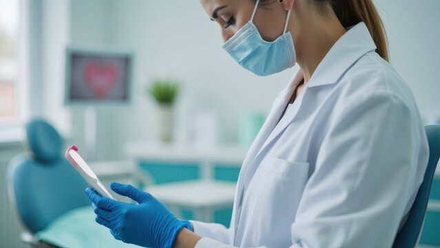 Cheerful denist in a white coat, posing confidently in a stylish dental clinic.