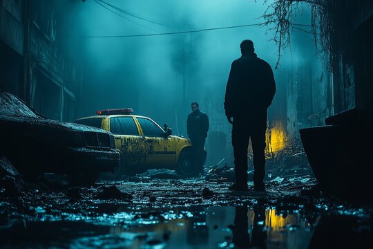 Forensic experts in action at an abandoned building, marking and collecting evidence. Generative AI