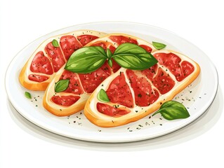 Three slices of toasted bread topped with tomato sauce, basil and spices on a white plate.