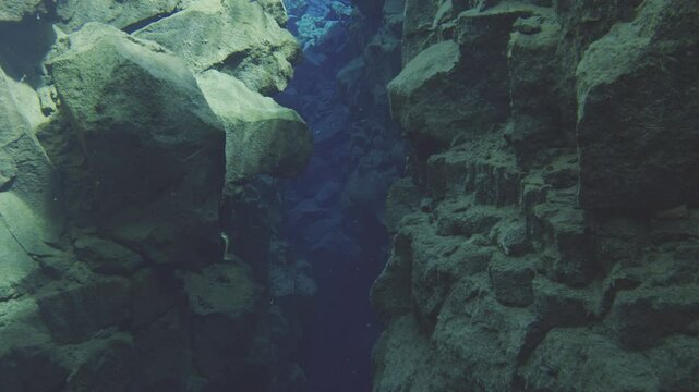 Between tectonic plates in underwater canyon depths revealing stunning rock formations in a vivid freshwater environment Silfra fissure iceland