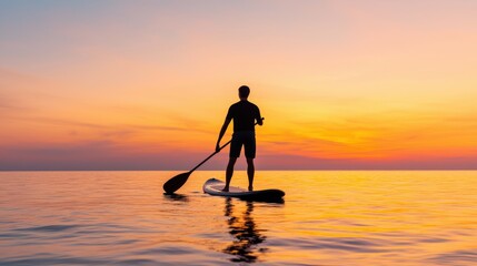 Naklejka premium Silhouette of a person paddleboarding at sunset over calm waters, creating a peaceful outdoor scene.