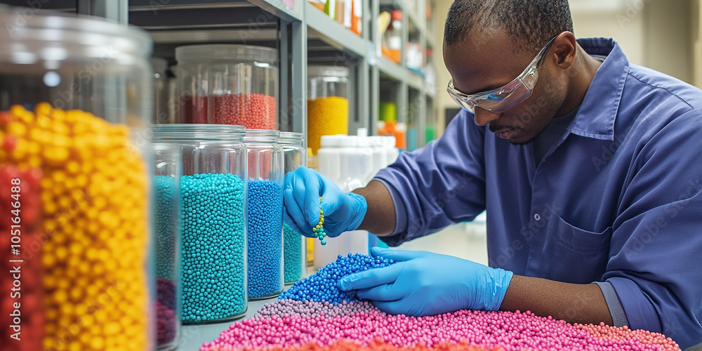 Poster lab technician in blue gloves examines a jar of colorful samples, focusing on precision and quality 