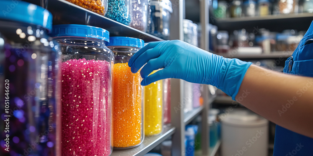 Poster lab technician in blue gloves examines a jar of colorful samples, focusing on precision and quality 