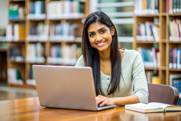 Beautiful Indian student posing, smiling at library desk with laptop