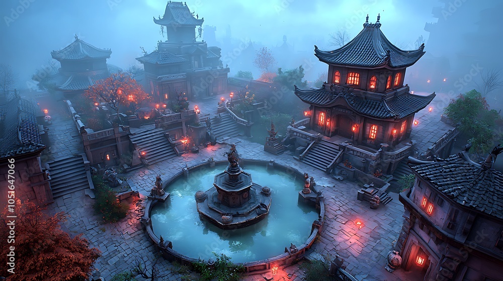 Poster exploring the enigmatic serenity of ancient asian architecture bathed in mystical fog and lantern li