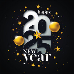 Happy New Year banner illustration with typography lettering and a Christmas ball on a black background.
