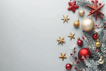 Christmas Eve concept. Top view minimalistic grey background with decorations, gold stars, red balls, snowy pine branches, baubles. Copy space. Holiday winter. Greeting card, promotions poster, banner