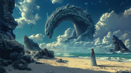 Fototapeta premium Majestic dragon overlooking beach, woman in white dress gazing at creature