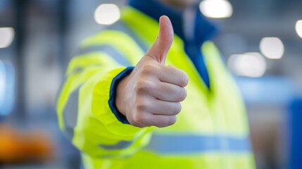 A person in a fluorescent safety jacket gives a thumbs-up, indicating approval or satisfaction in a professional environment.