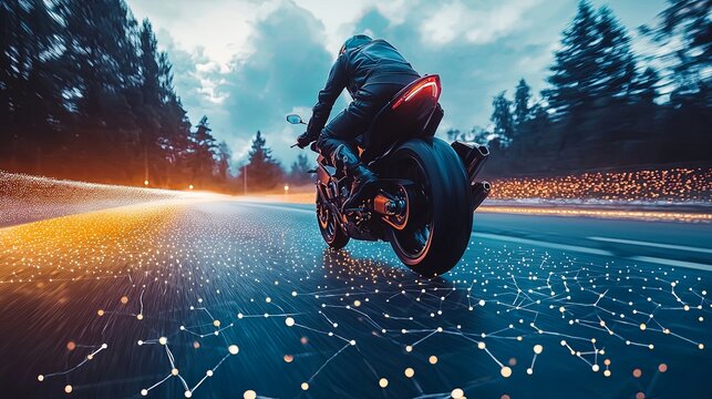 A motorbike zooms over a digitally enhanced road, illuminated by patterns of light, symbolizing the fusion of technology with the thrill of the open road experience.