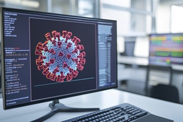 A computer screen displays a 3D model of a virus, showcasing intricate details, with programming code visible alongside.