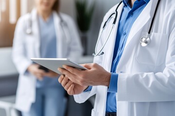 A healthcare professional in a white coat uses a tablet, symbolizing modern medicine and technology in patient care.