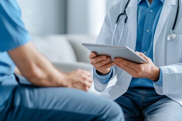 A doctor in a white coat consults a patient, holding a tablet. The environment appears modern and focused on healthcare.